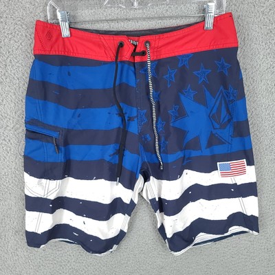 Volcom Board Shorts Mens 31 Red White Blue American Flag USA Modtech Drawstring