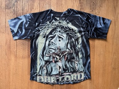 Vintage 90s Our Lord Mexican Chicano Mesh Button Up Jersey Size L All Over Print