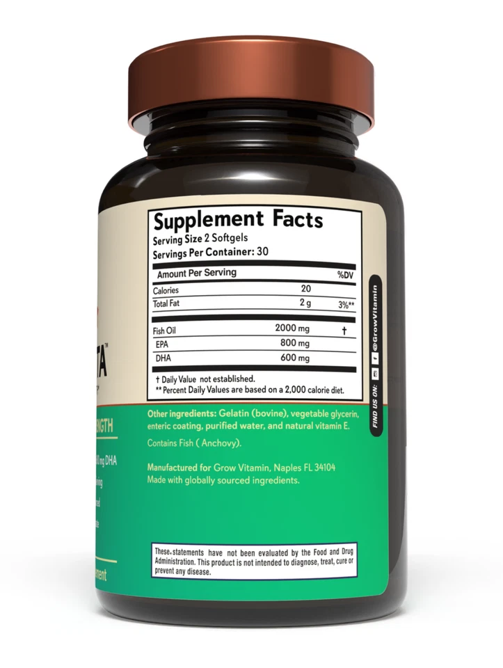 Suplemento de aceite de pescado Omega 3 extra fuerte - 1000 mg por porción - 600 dha 800 ep Foto 3 de 3