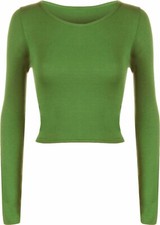 LADIES ROUND NECK LONG SLEEVE CROP TOP T SHIRT TOPS WOMENS TOP 8-14