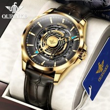 OUPINKE Automatic Watch Men Skeleton Luxury Sapphire Leather Strap Self Winding