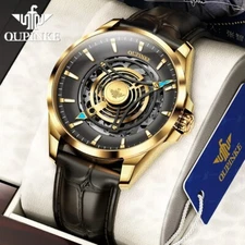 OUPINKE Automatic Watch Men Skeleton Luxury Sapphire Leather Strap Self Winding