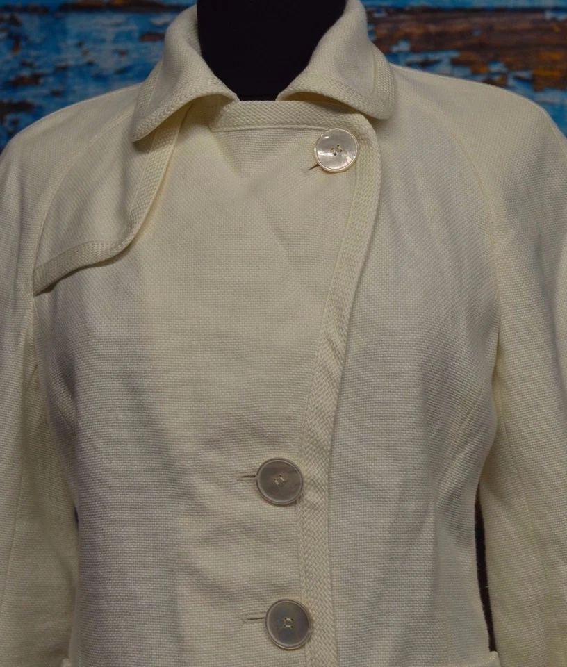 Blazer Akris Talla 6/F 38/D 36 Blanco Crema Texturizado Algodón Botón Chaqueta Borde Foto 3 de 4