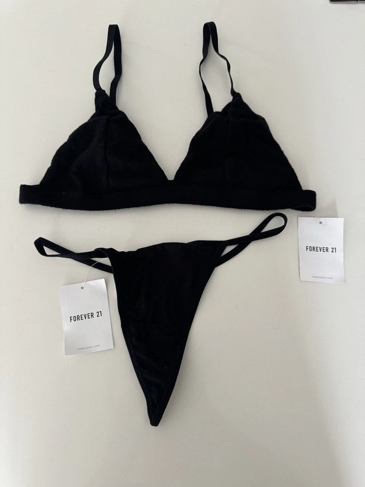 Forever 21 intimates bra + thongs cotton blend triangle string black size M NWT - Image 2 of 4