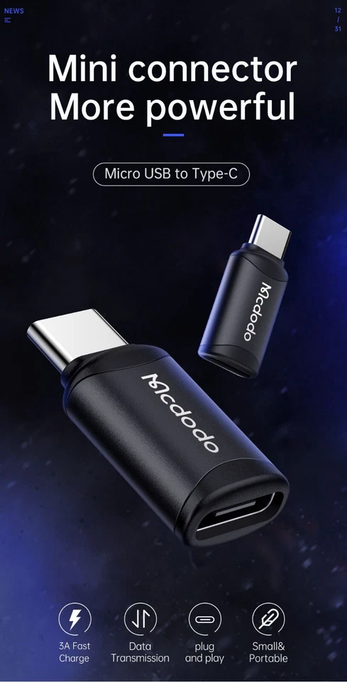 Mcdodo USB C to Micro USB Adapter OTG USB Converter 3A Charging Data - Image 2 of 4