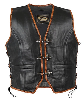 MDM Lederkutte mit orangen Kordeln, Lederweste, Rockerweste, Clubweste, Rindsleder