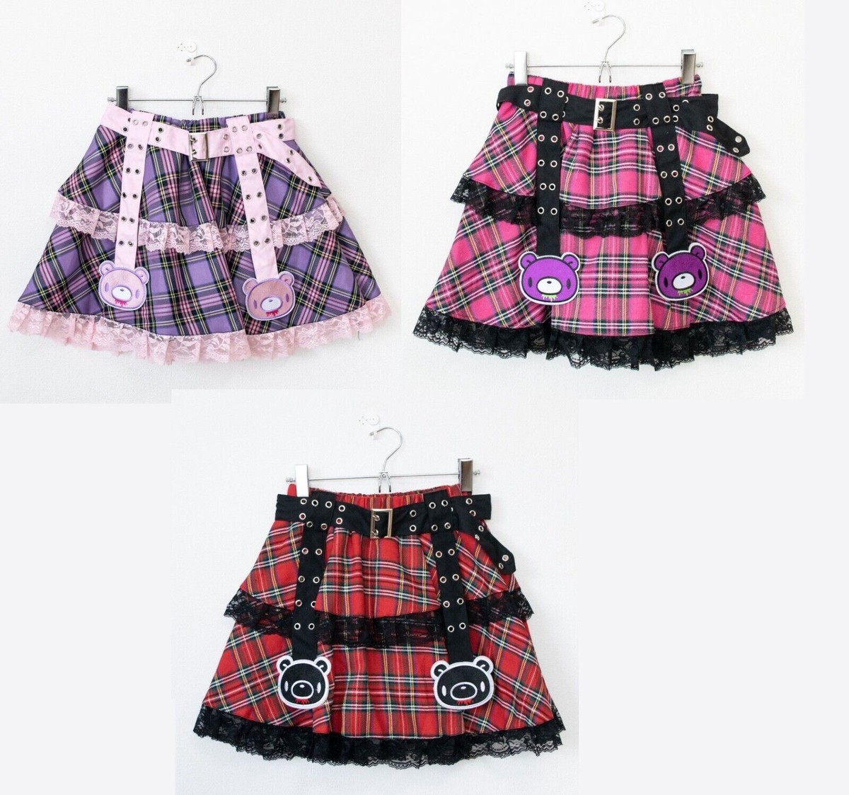 Gloomy Bear Checkered Mini Skirt, Purple, Pink, Red Fits Gloomy Bear Checkered Mini Skirt, Purple, Pink, Red Fits