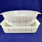 2 Vtg Fire King Candle Glow Casseroles Baking Dish Square 8" Round 9" Lug Handle