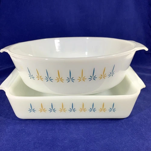 2 Vtg Fire King Candle Glow Casseroles Baking Dish Square 8" Round 9" Lug Handle