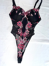 Victoria Secret Babydoll lingerie lace Teddy Negligee 34D black pink thong VTG