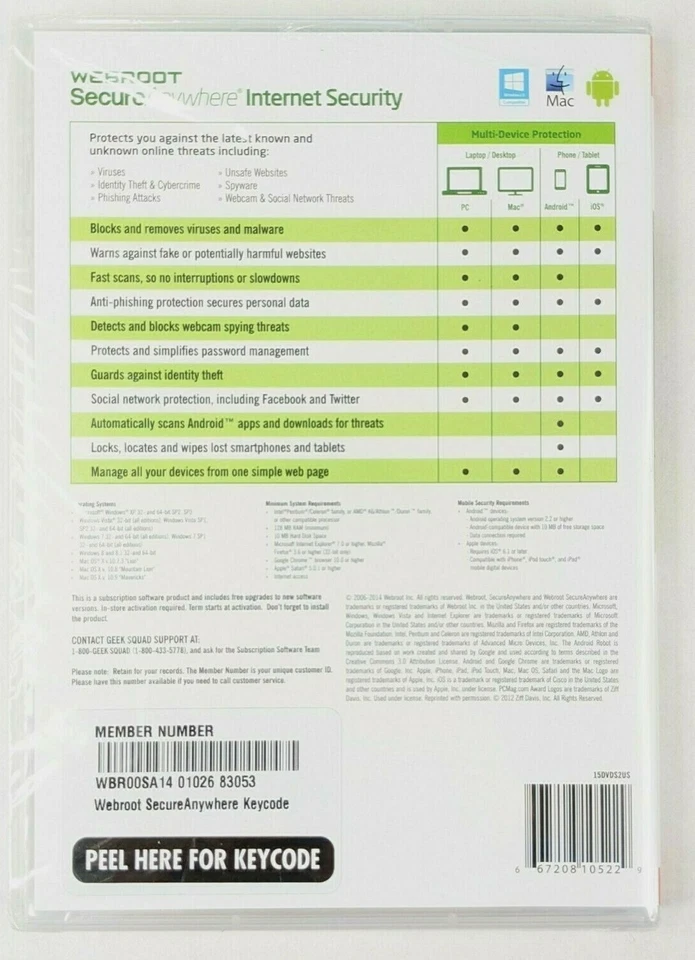 Webroot Secure Anywhere Internet Security 3 Devices for PC/MAC/Mobile NEW SEALED - Image 2 of 2