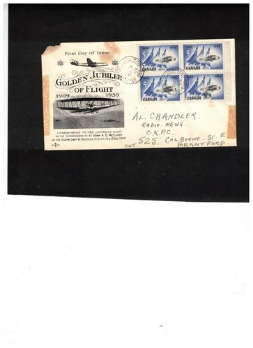 CANADA 1959 GOLDEN JUBILEE of FLIGHT 1909 BL/4on FDC cat #383 USED $12.+ BOX 507