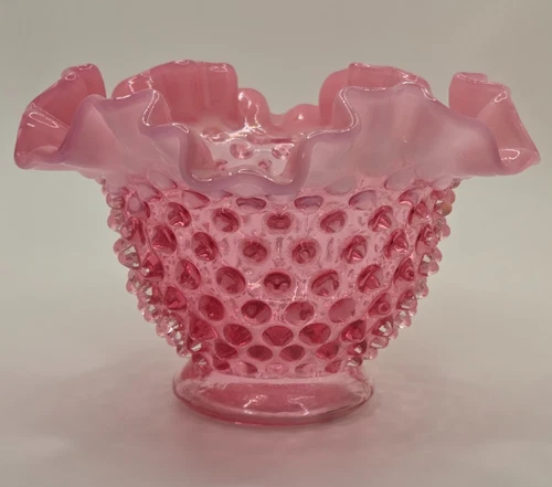 Fenton Hobnail Vase Cranberry Opalescent Ruffled Edge Bowl w/ Logo