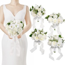 9.5 Inch Wedding Bouquets for Bridesmaid, Set of 4, White Bridesmaid Bouquet ...