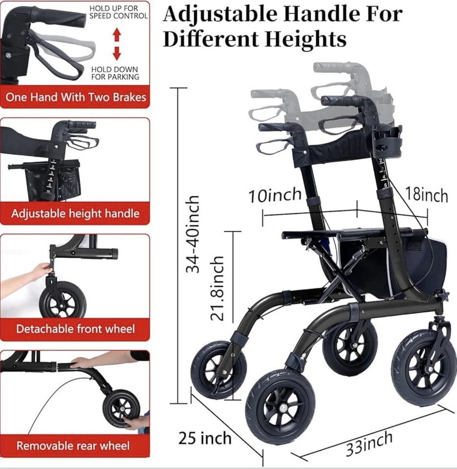HENMNII All Terrain Rollator Walker for Seniors w/ Seat 8” Front Wheels - Black - Image 2 of 4
