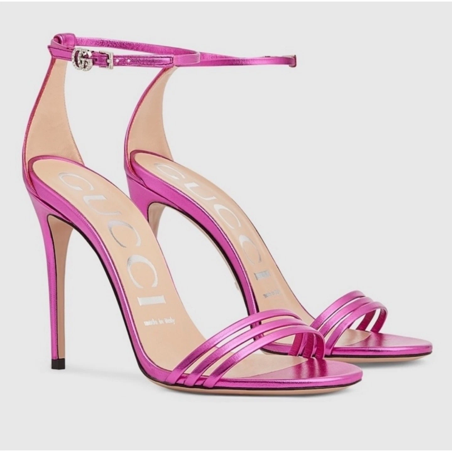 Sandales Gucci rose logo GG fuxia cuir métallisé soie talons hauts lanières 9 39