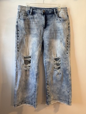 Crazy Train Wide Leg Distressed Denim Capri Raw Hem Women s Size 11/30