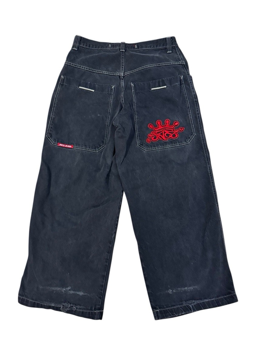 VTG JNCO Jeans Red Tribal Crown Logo Grunge Mens 34x30 (34x29