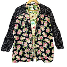 VTG Carole Little Jacket Women 10 Black Floral Rayon Crepe Art to Wear Tie Front
