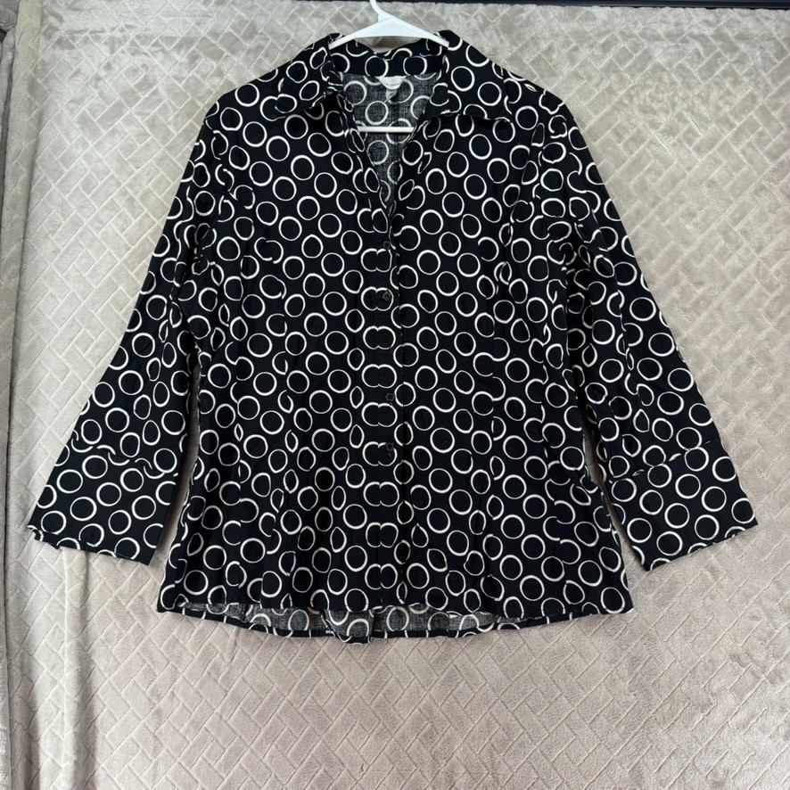 Harve Bernard Blouse Dress Shirt Womens XL Black Polka Dot Long Sleeve Button Up