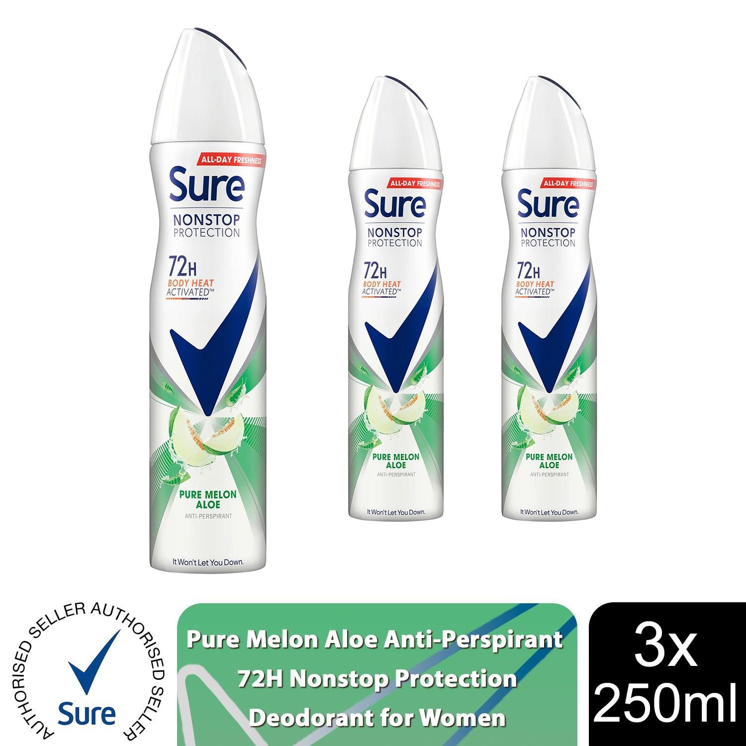 Sure Women Anti-perspirant 72H Nonstop Protection Pure Melon Aloe Deo, 3x250ml