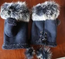 Fingerless Gloves Black Rabbit Fur Polyester Blend Adjustable Wrist Warm Mitts