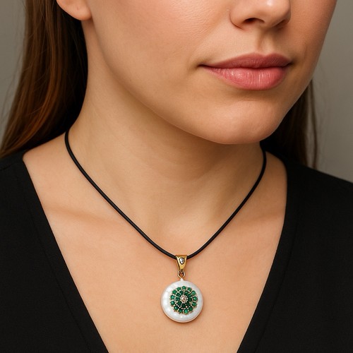 Vintage Diamond Emerald Pearl Pendant 14K Gold Estate Fine Jewelry