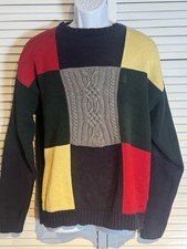 Vintage 90s Nautica Sweater Mens M Cable Knit Green Color Block Cotton Pullover