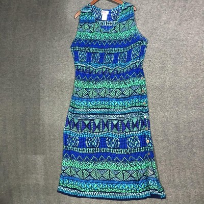 R&K Maxi Tank Dress Womens !8 Blue Green Geo Sleeveless 90s Artsy Eclectic Boho