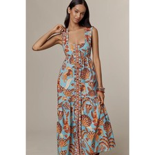 NWT Farm Rio x Anthropologie Square-Neck Midi Dress $285 MEDIUM Blue
