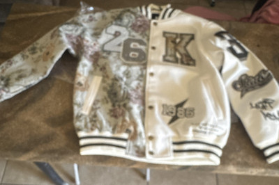 Left Point Varsity Jacket Beige Floral Button Embroidered Logo Men's M