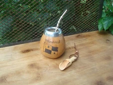  Mate Gourd Hand Made  Cup Bombilla Straw Engraving Flag PANAMA BONUS Spoon