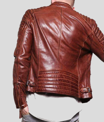 Armored Biker Jacket Men Men's Brown Caf&eacute; Racer Leather Jacket - Distressed Quilted Motorcycle Jacket With Armor Distressed Brown Motorcycle Jacket