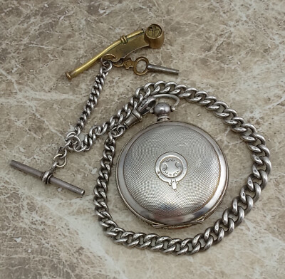 Silber Swiss Turkish Billodes Constantinople Hunter Taschenuhr 1914 & Kette