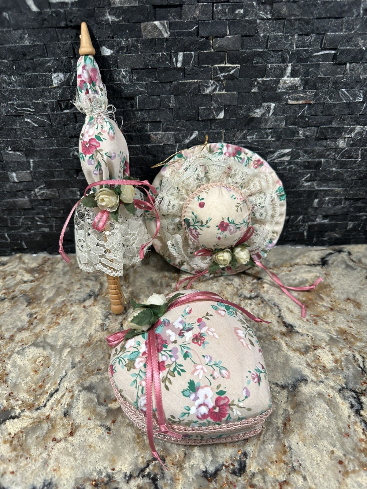 Vintage Kurt Adler Victorian Floral Fabric Parasol Heart Hat Ornaments