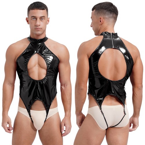 Mens Bodysuit Open Crotch Leotard Tempting Catsuit Shiny Jumpsuit Crotchless - Picture 20 of 48