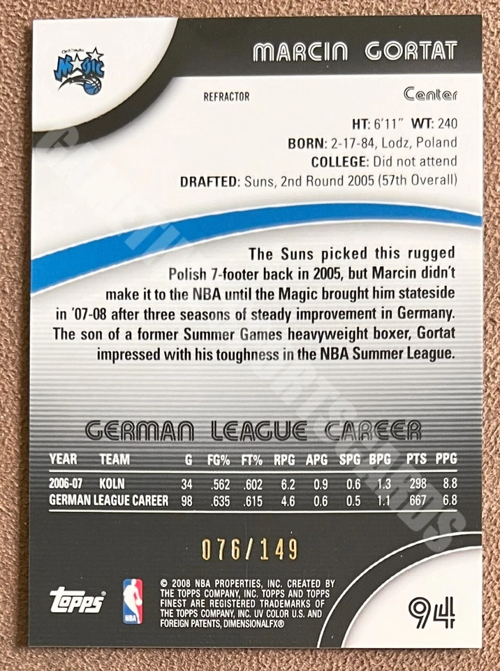 Marcin Gortat 2007-08 Topps Finest Green Refractor Rookie #94/149 Orlando Magic Foto 2 de 2
