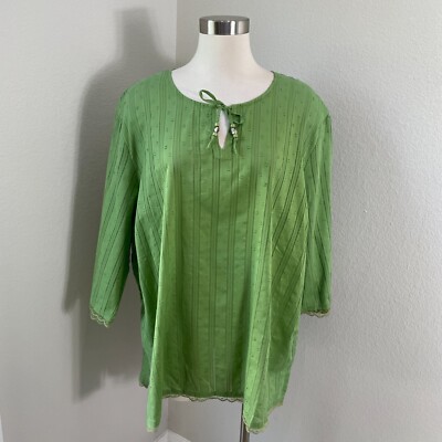 NEW Liz & Me Woman Plus 2X Green Front Tie Neck Tunic Top 3/4 Sleeve Lightweight