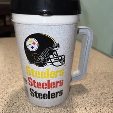 Vtg Steelers Refillable Pittsburgh Plastic Travel Thermos Mug Handle BETRAS USA