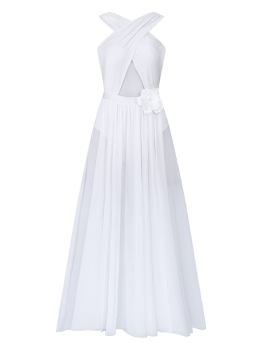 Women Lyrical Modern Contemporary Dance Criss Cross Flowy Mesh Split Long Dress - Picture 8 of 51
