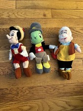 Vtg. Lot of 3 DISNEY STORE 8" Mini Bean Bag Pinocchio, Geppetto, Jiminy Cricket