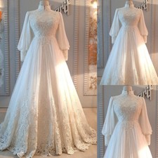 Elegant Chiffon Muslim Wedding Dresses Long Sleeve High Neck Arabic Bridal Gowns