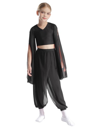 Girls Shirts Dance Crop Tops Arabic Short Blouse Flare Long Sleeve Costume Gym - Picture 44 of 68