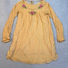 Umgee Boho Floral Embroidered Lace Trim Tunic Dress Mustard Yellow Medium