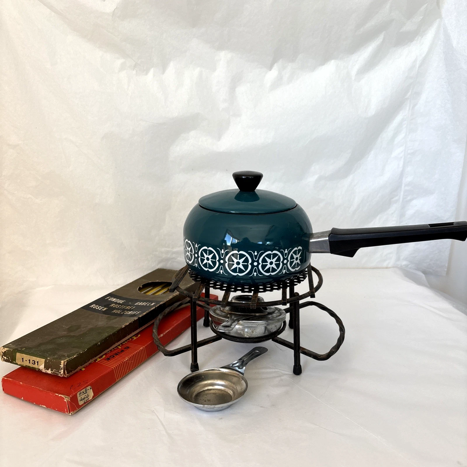 Vintage MCM Enamelware Fondue Pot Teal Green 1960s MCM + 2 Sets Forks