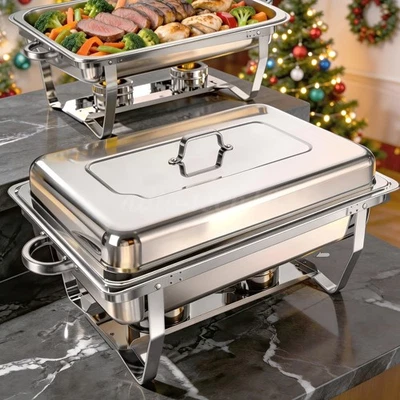 8 Pack 9L Chafing Dish Buffet Set Stainless Steel Rectangular Food Warmer UK - Image 1 of 4