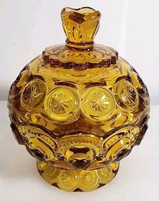 Vintage L.E. Smith Glass Moon & Stars Compote Bowl Candy Dish with Lid Amber