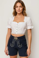White Dirndl Blouse with Lace Trim – Traditional Oktoberfest Crop Top, Puff Slee