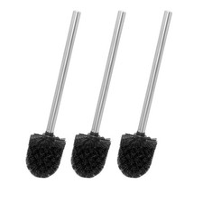 Toilet Brush Set of 3 Black Head Strong Dense Bristles Stainless Steel Handle
