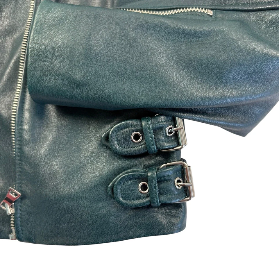 Chaqueta de motociclista de cuero de cordero Rebecca Taylor para mujer talla mediana verde esmeralda Foto 3 de 4
